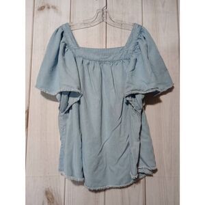 A.n.a 2x Chambray Blue Square Neck Blouse Top Flutter Sleeve Frayed Hem‎ Women's